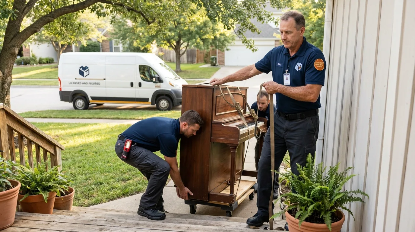 Licensed piano movers securing grand piano in Copperas Cove, TX