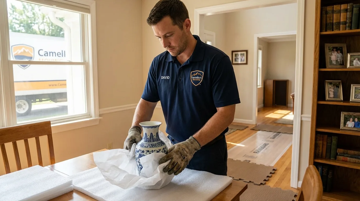 Professional crew carefully wrapping antique vase for senior downsizing move in Copperas Cove, TX